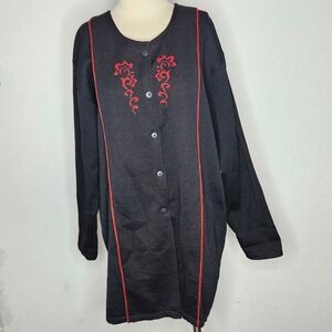 VTG In-Wild Norway Wool Cotton Cardigan Sweater XL Black Red Floral Embroidered